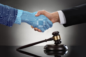 lawyer shaking hands with ai hand